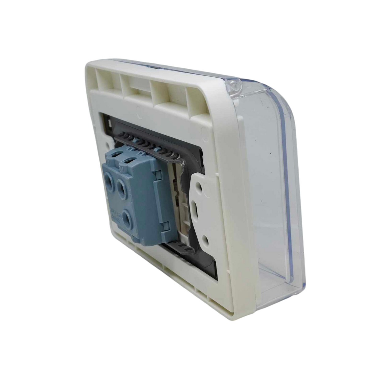 An electrical outlet backplate with a clear plastic cover, white plastic frame, and a blue terminal block connector, shown on a white background.