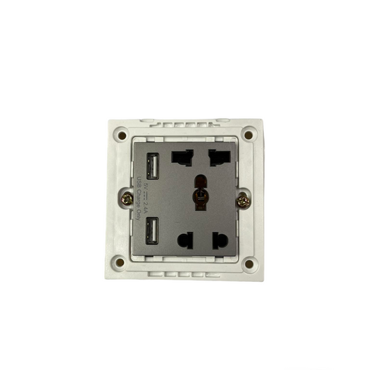 Opple Duplex Universal Outlet Square Gray 16A 250V with 2 Gang USB-A 5V 2.4A Outlet with Plate Cover F021685