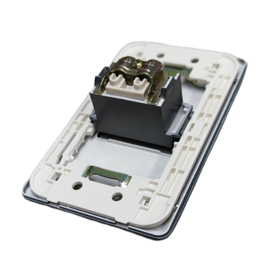 Omni 1 gang cable TV outlet power point with white mounting frame isolated on black background