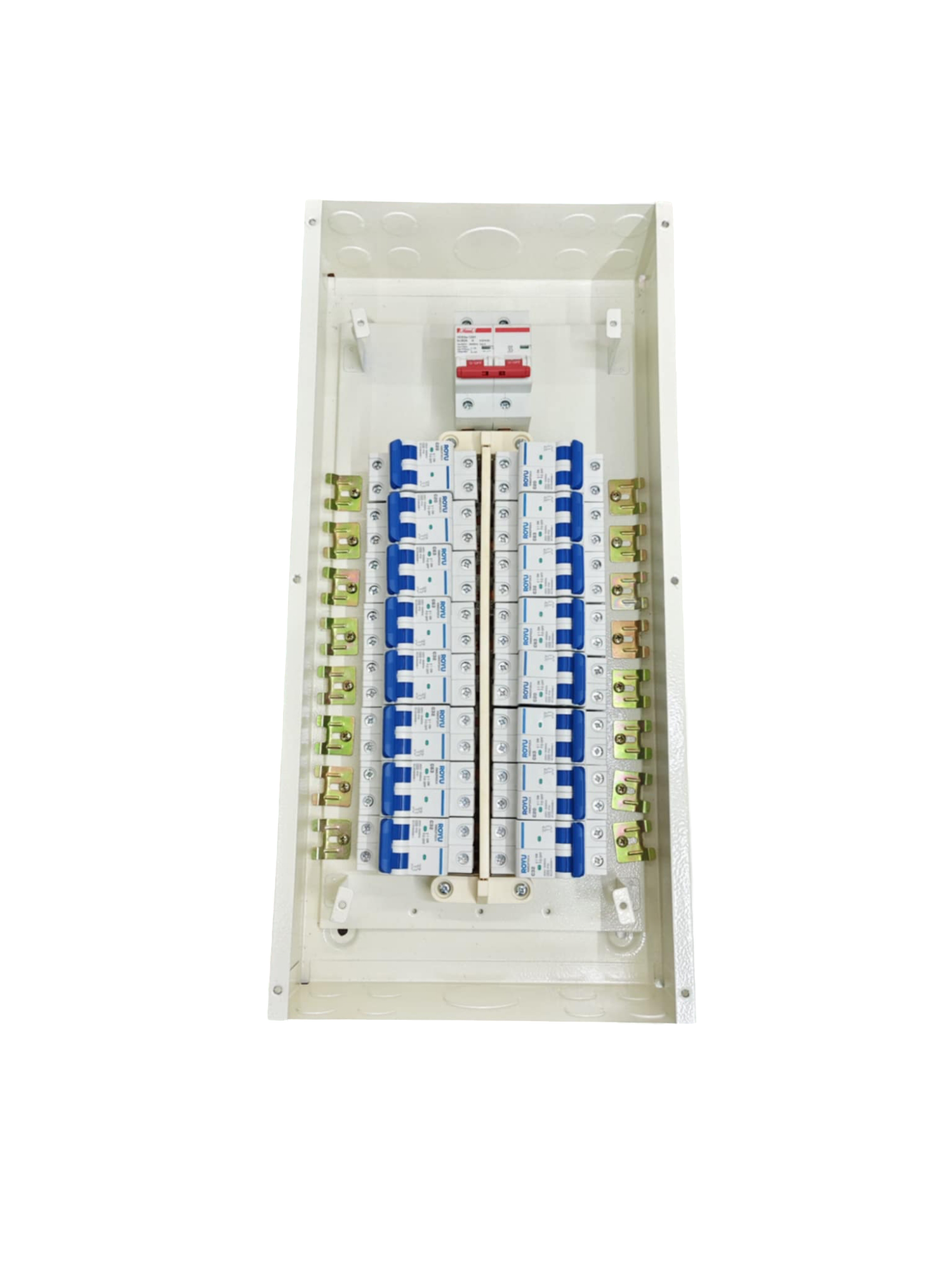 100A panel board with main breaker featuring multiple circuit breakers and terminal connections