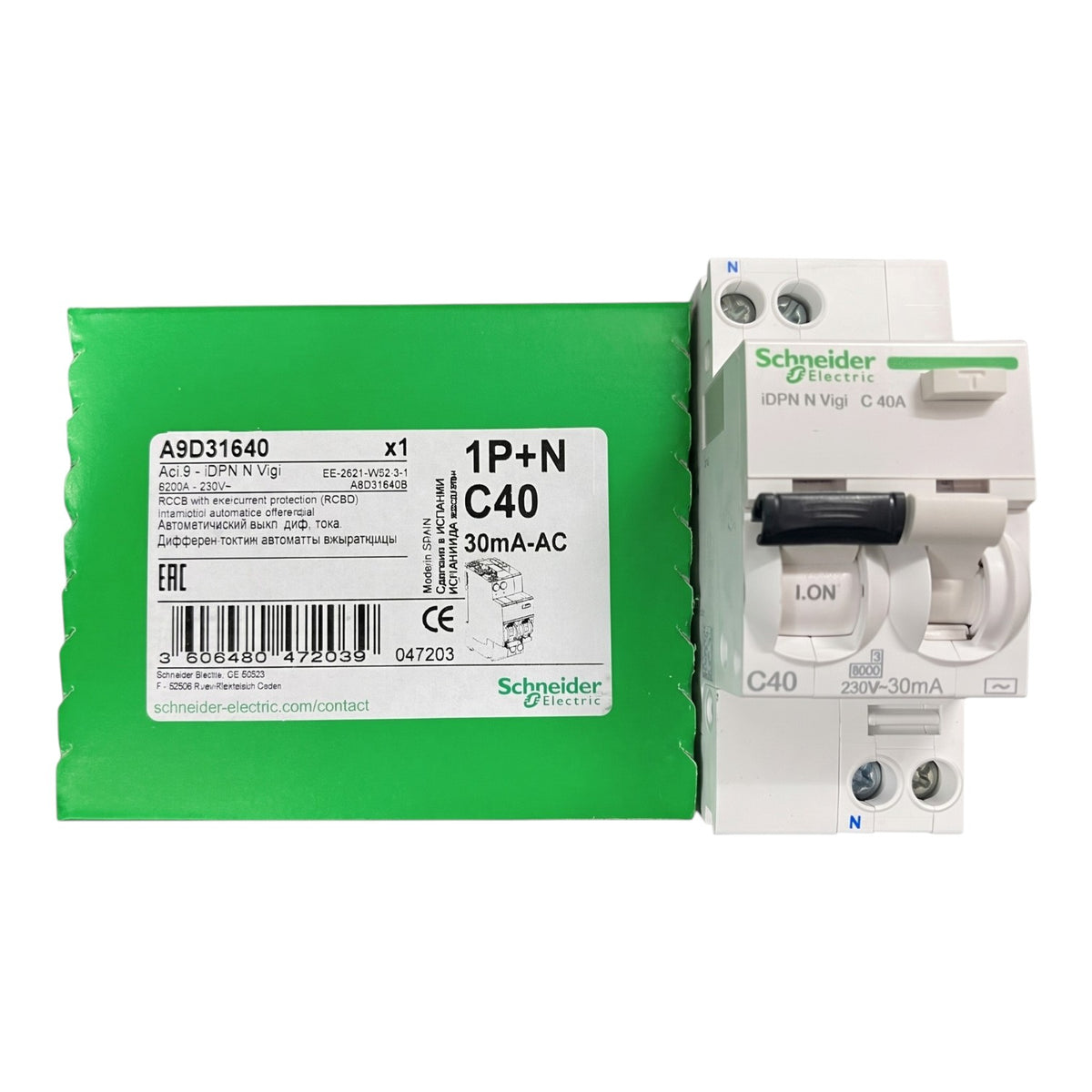 Schneider 40A 1P+N 30mA 240Vac Residual Current Circuit Breakers RCBO Miniature Type with Overload Protection A9D31640