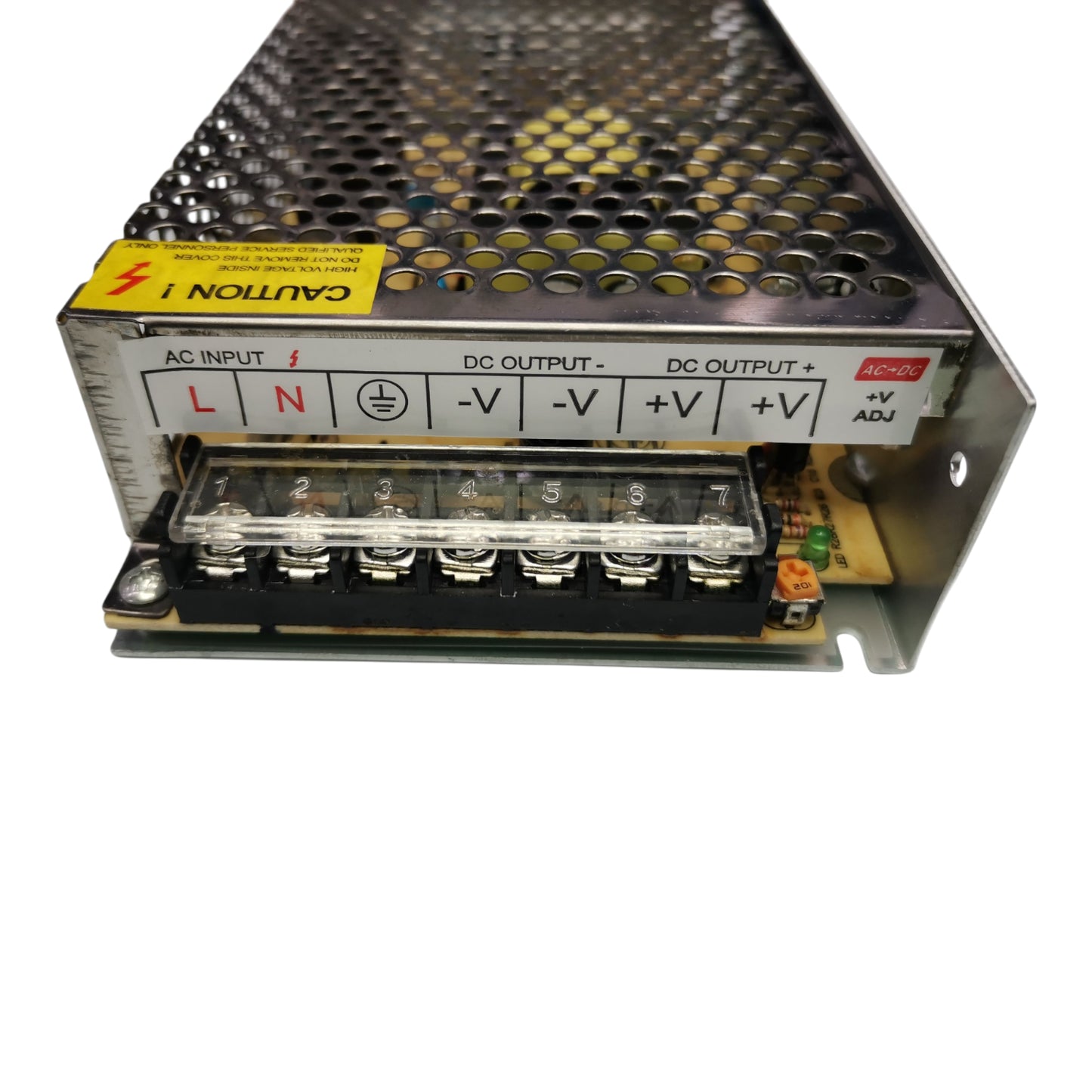 ZwitseRise 12V 5A power supply for CCTV with labeled AC input and DC output terminals