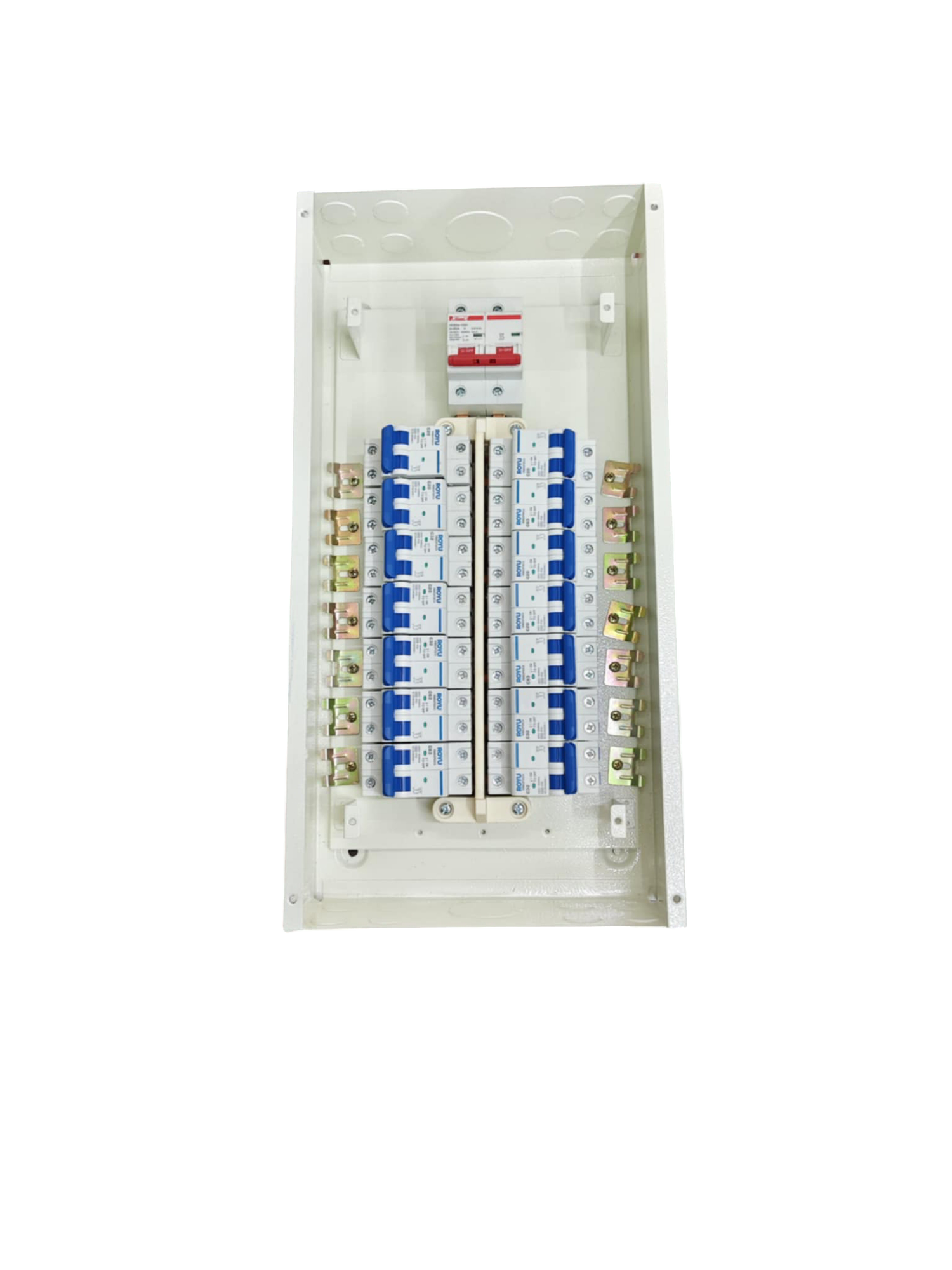 14 Branches 2Pole Miniature electrical circuit breaker panel with multiple switches and white casing