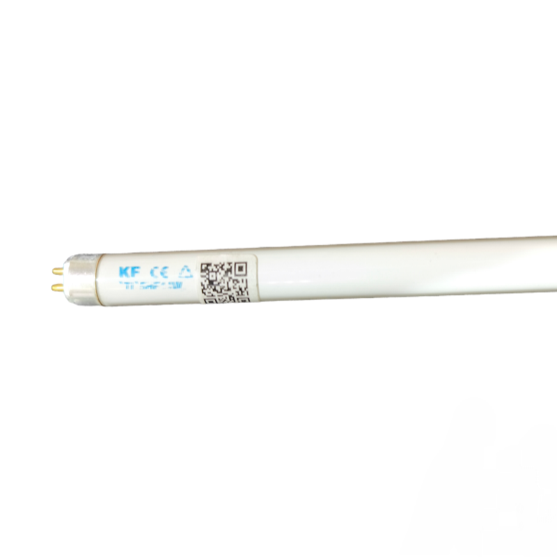 Orbik and Starlux green T5 fluorescent lighting 14W slim tube with bipin connectors and manufacturer label on white background