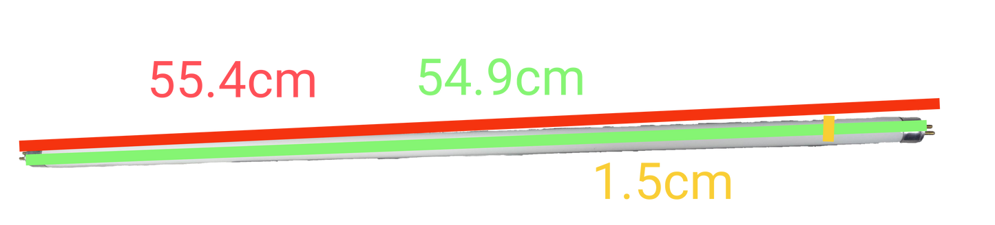 14W T-5 UV-C Fluorescent Tube showing length measurements of 55.4 cm, 54.9 cm, and diameter of 1.5 cm
