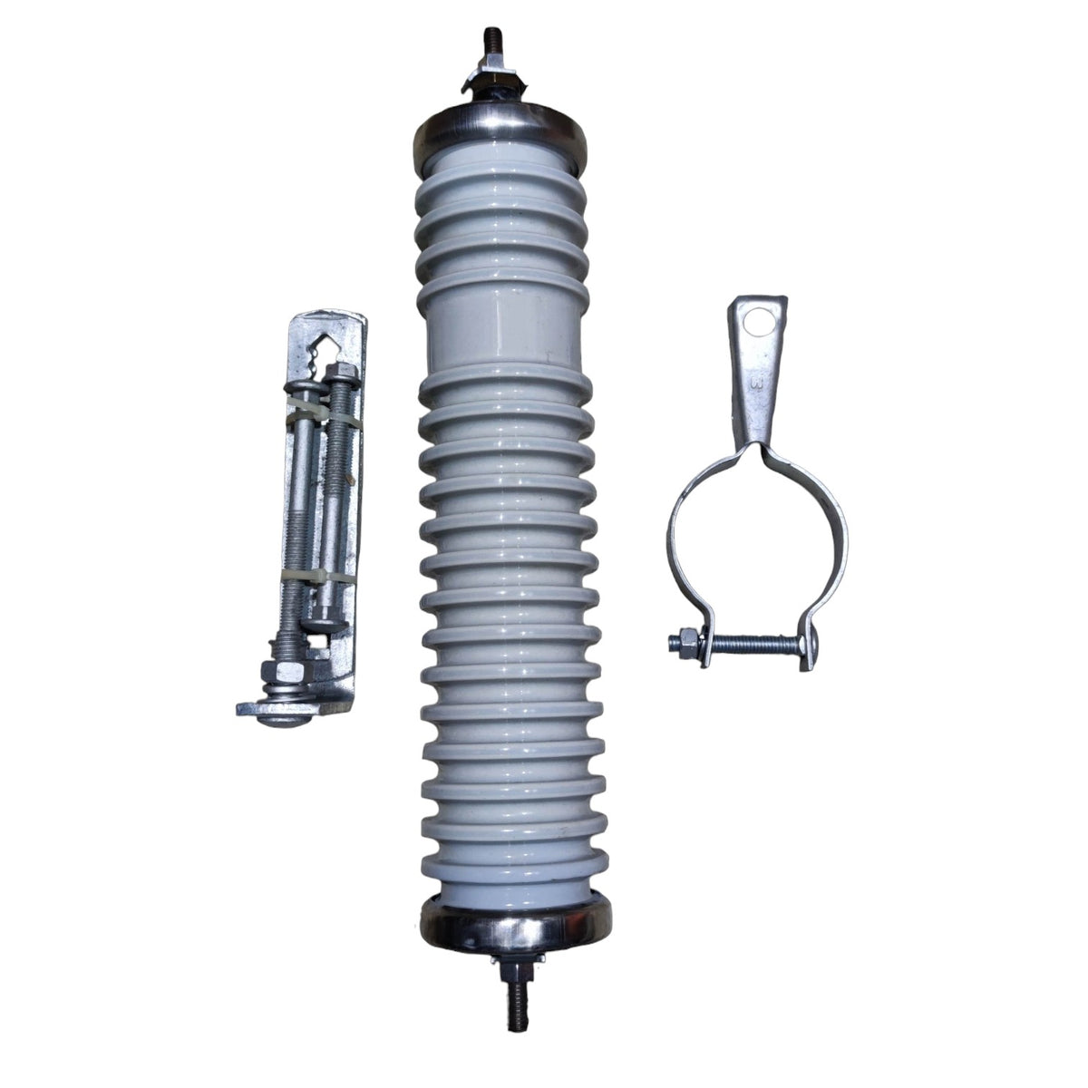 An industrial high-voltage insulator assembly shown on a plain white background, featuring a central gray ribbed ceramic or porcelain column with silver metal top and bottom fittings, alongside two smaller silver hardware components.