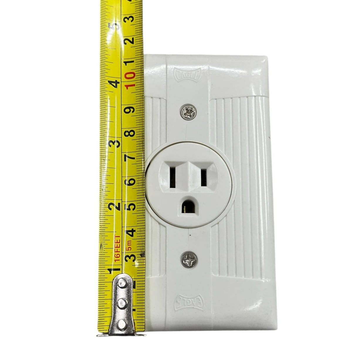 Eagle 15a 250v electrical outlet white with measurement tape for size reference