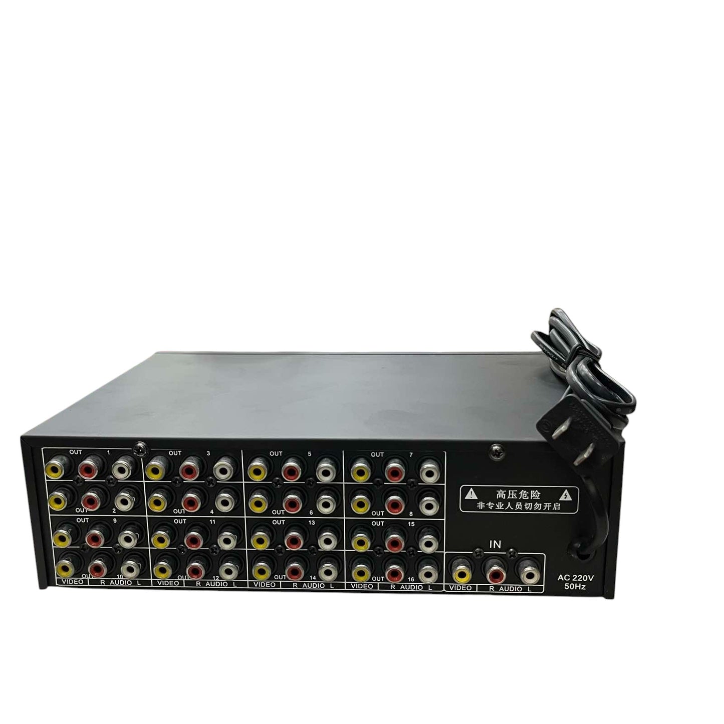 Grippes 16 port RCA audio video splitter with multiple input and output connections in black casing