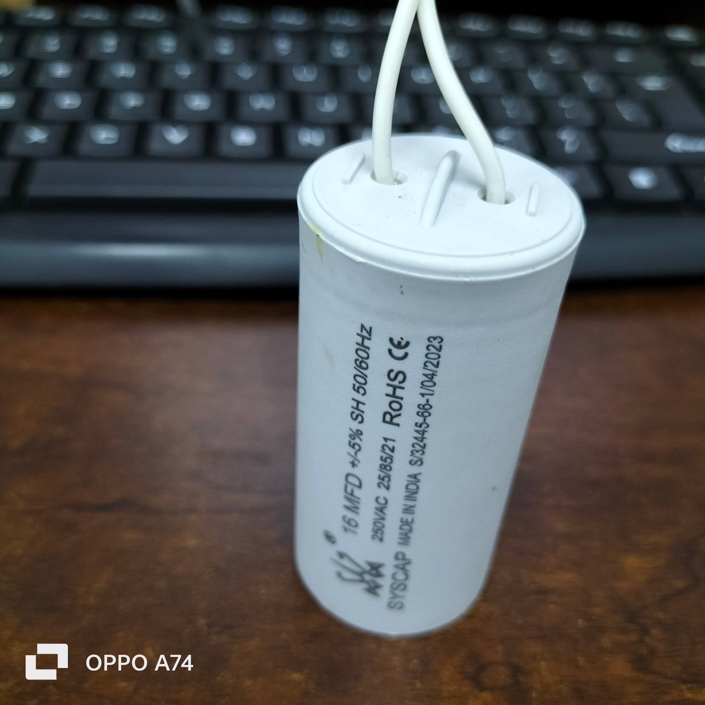 Syscap 16MFD 250V AC Running Capacitor white cylindrical electrical circuitry part with wires
