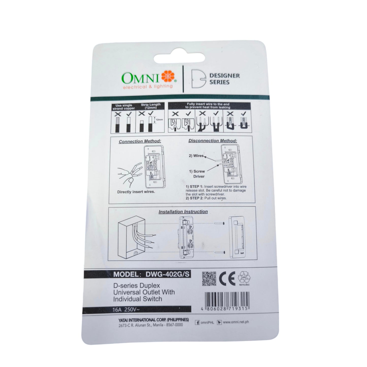 Omni Duplex Universal Outlet with Ground and Individual Switch 16A 250V Graphite Series