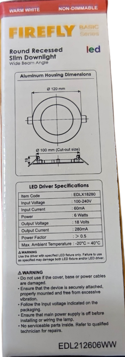 Firefly 6W LED Round Recessed Slim Downlight 220V Warm White 120mm