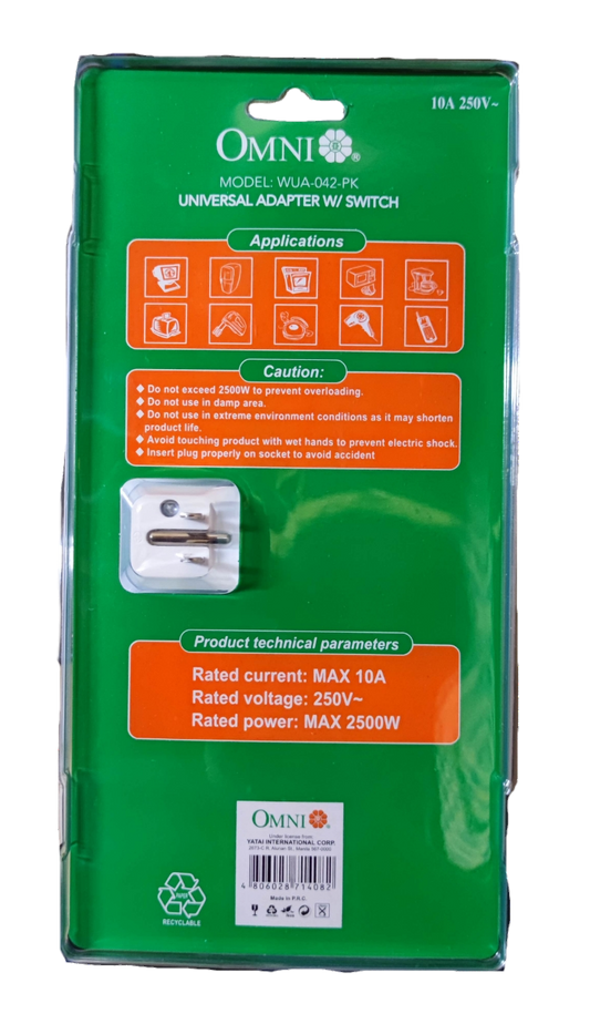Omni Universal Adapter with Switch WUA-042 Omni 10A 250V 4 Gang Universal Outlet
