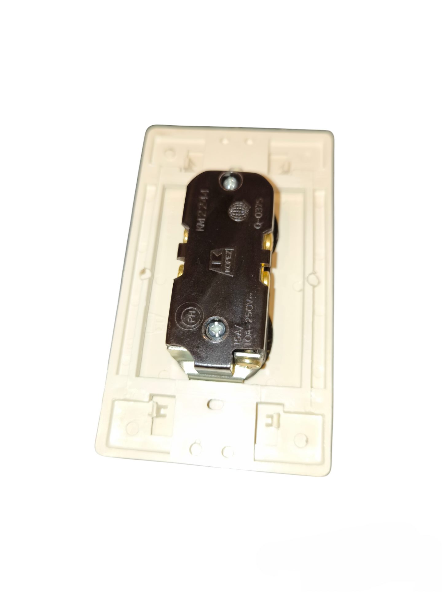 Kopez 2 gang flat pin outlet with ground power socket back view in white plastic casing