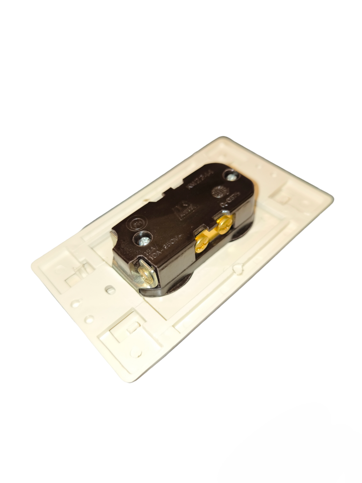Kopez 2 gang flat pin outlet with ground showing back wiring terminals on white panel