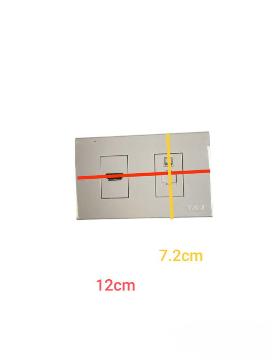 T&J 2 Gang Outlet HDMI and CAT6 Outlet with Plate measuring 12cm by 7.2cm in white finish