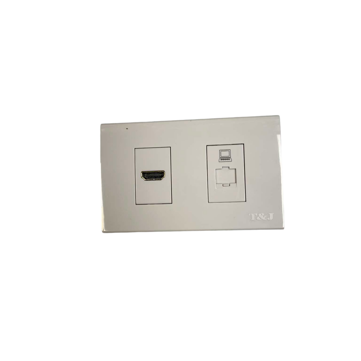 T&J 2 Gang Outlet HDMI and CAT6 Outlet with Plate in white for wall installation