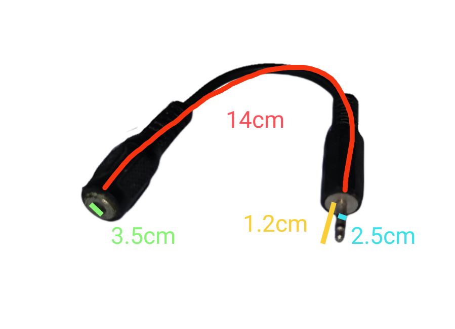 Black 2.5mm to 3.5mm audio adaptor cable with measurements on a black background