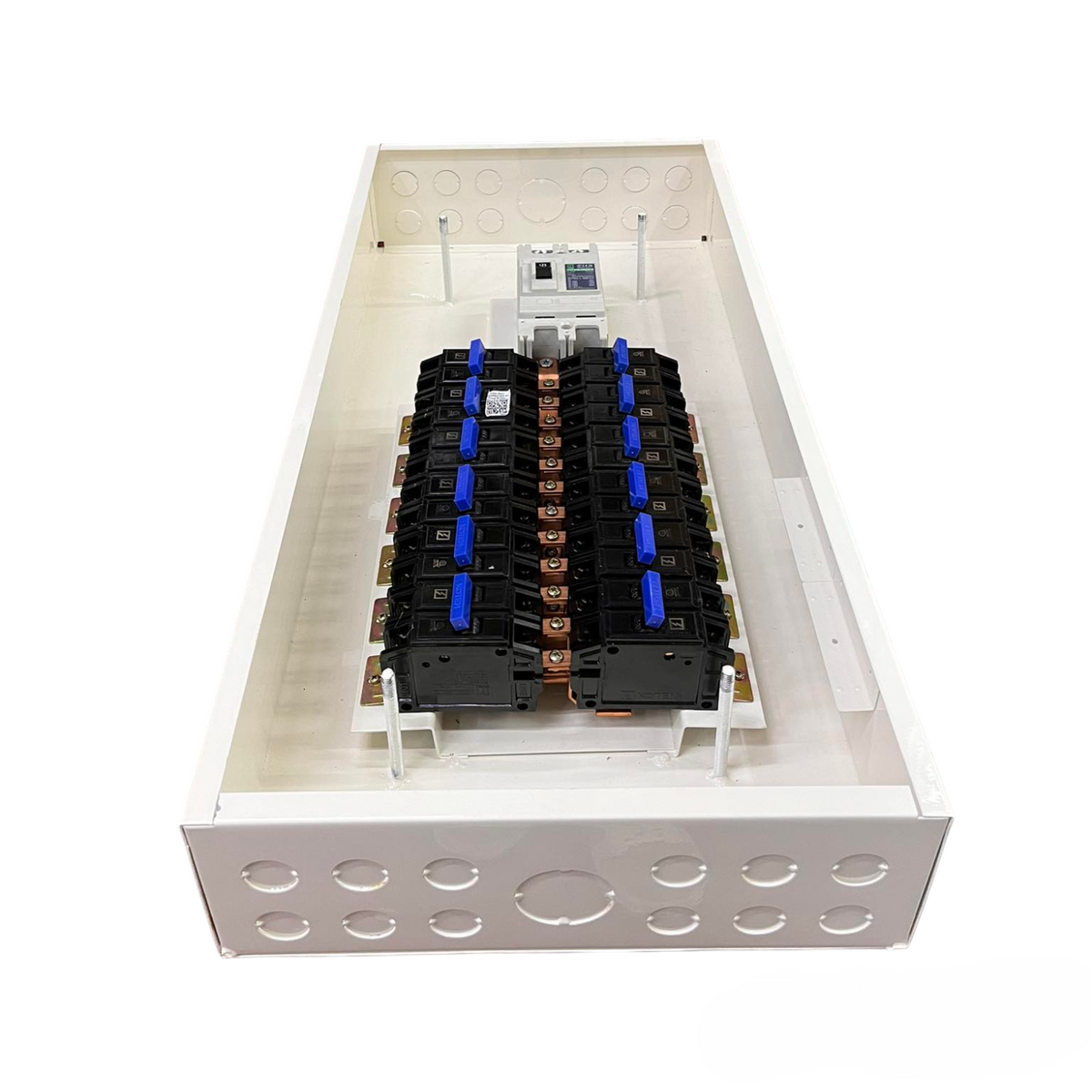 Koten 200 amp panel board electrical circuitry with black circuit breakers in white metal enclosure