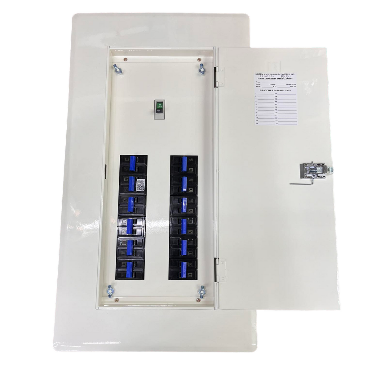 Koten 200 amp panel board with multiple circuit breakers and white metal enclosure