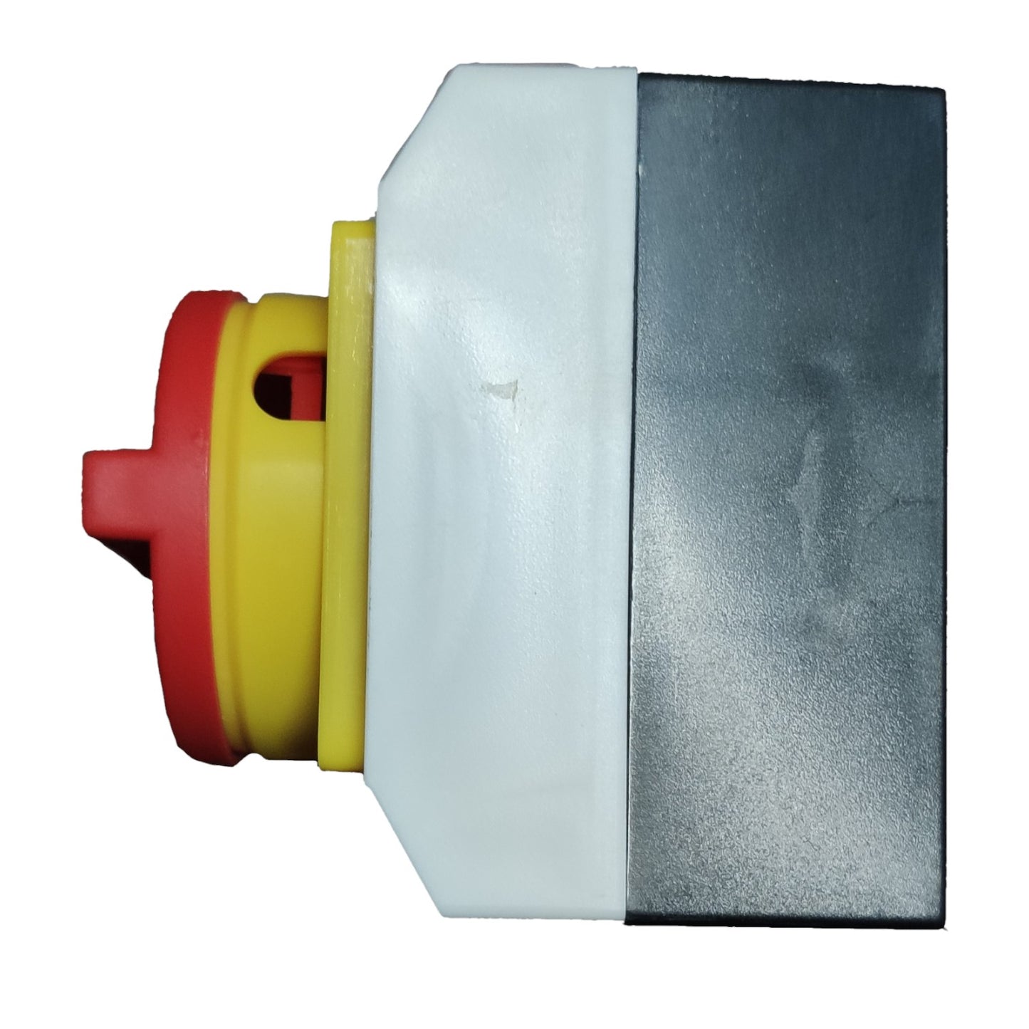 Close-up of a mechanical component with red, yellow, white, and black colors on a white background.