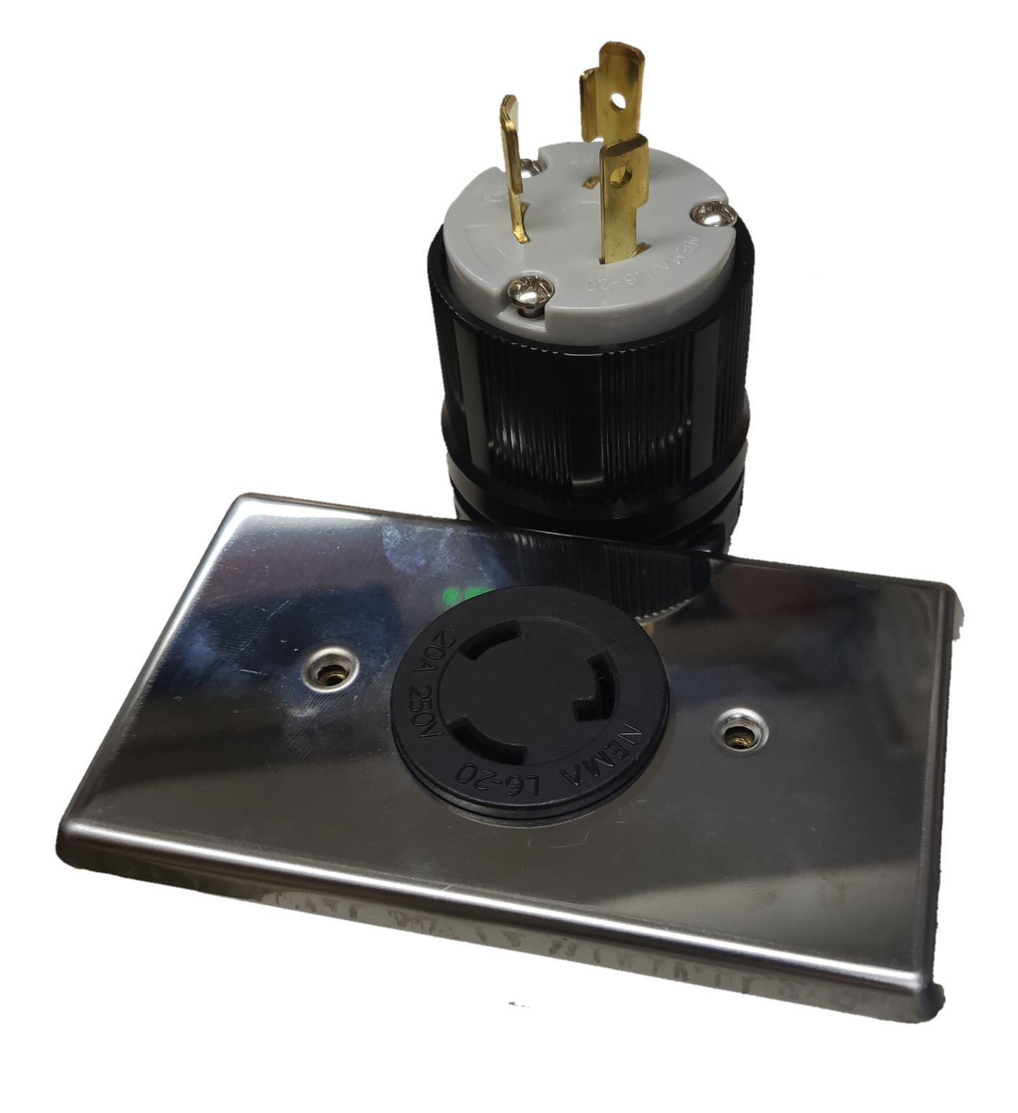 Grippes 20A Twist Lock Outlet with Plug 3 Pole featuring durable metal faceplate and heavy-duty plug
