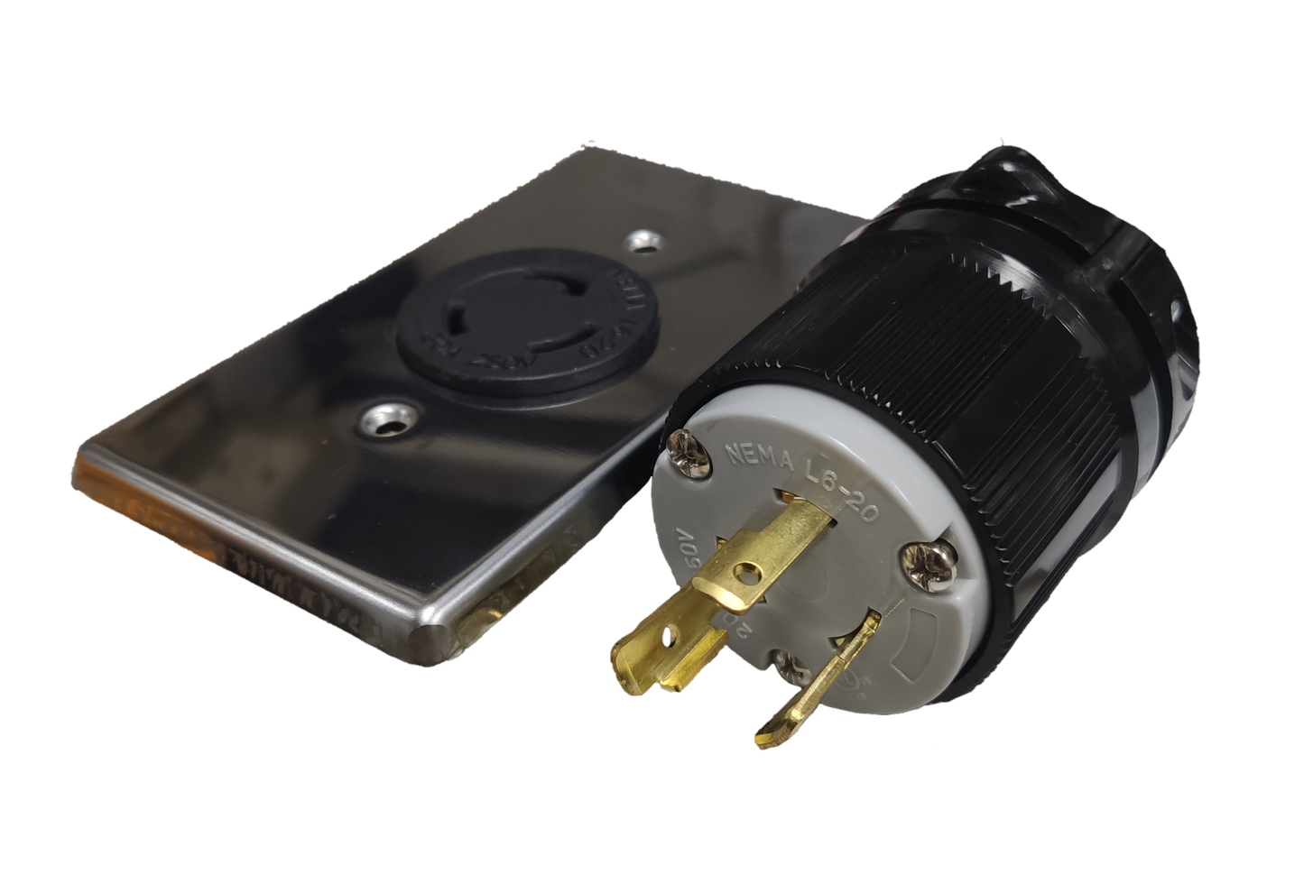 Grippes 20A Twist Lock Outlet with Plug 3 Pole featuring durable black and silver components
