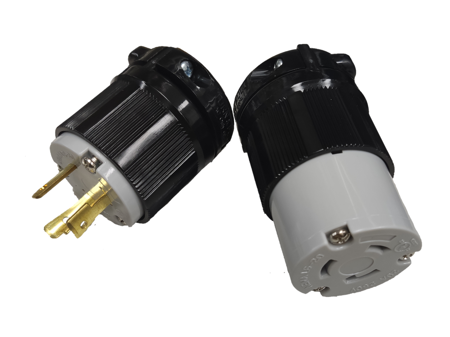 Grippes 20A twist lock plug and outlet with black and white durable casing for secure electrical connections