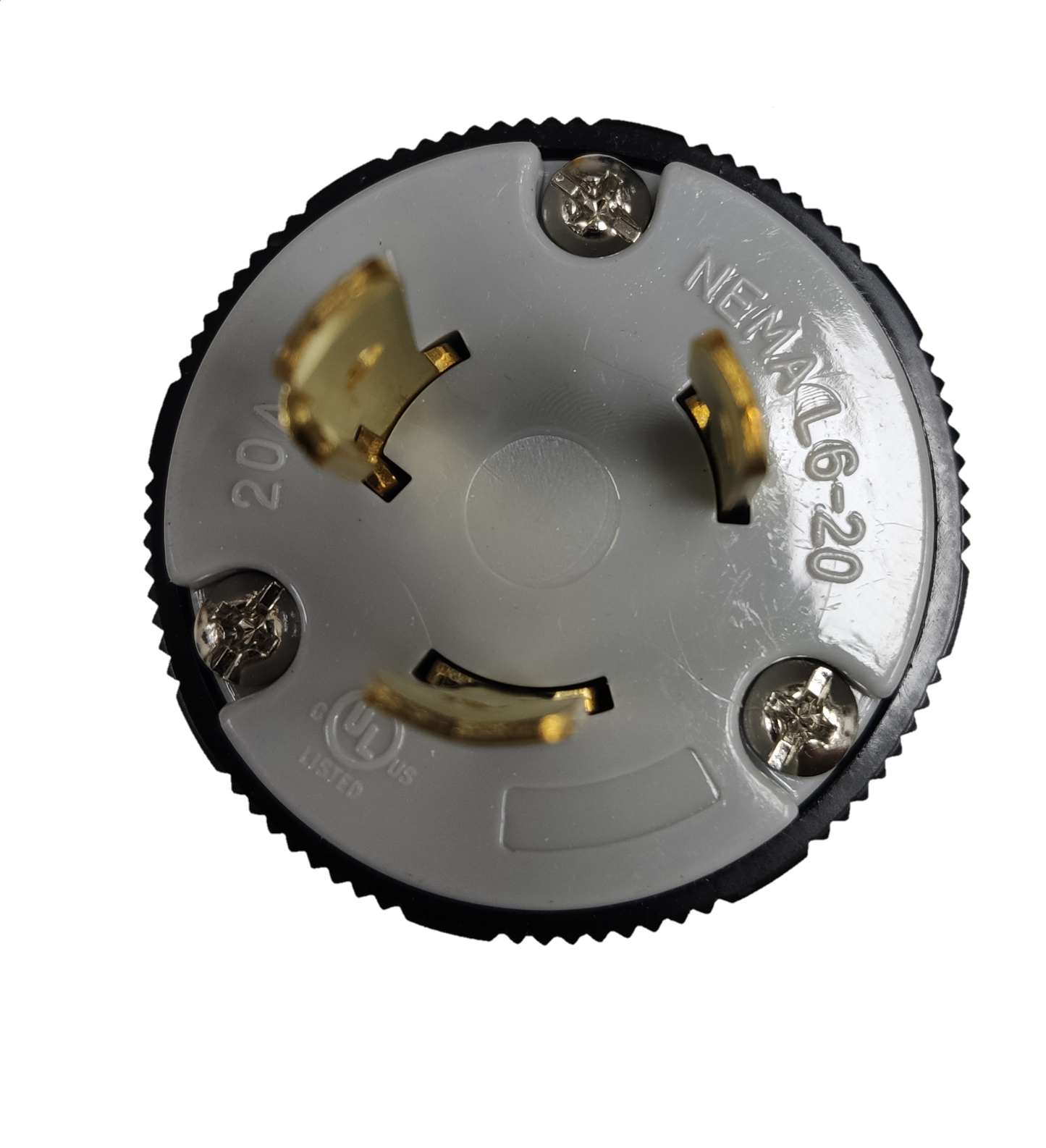 Grippes 20A twist lock plug and outlet with three brass prongs and gray casing for secure electrical connections