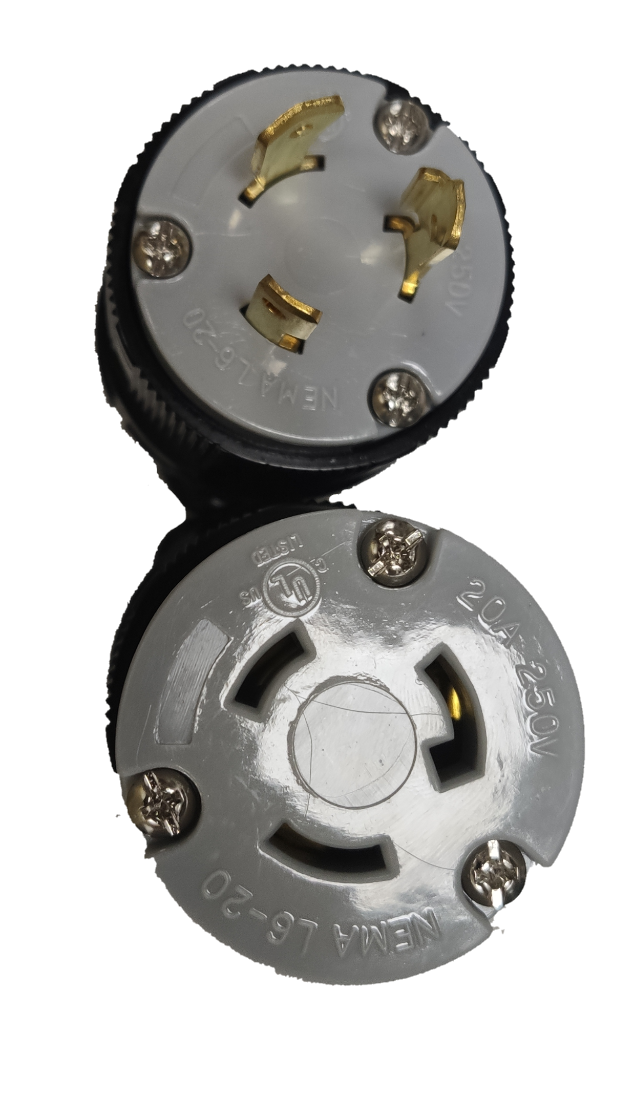 Grippes 20A twist lock plug and outlet with three gold prongs and secure screw terminals