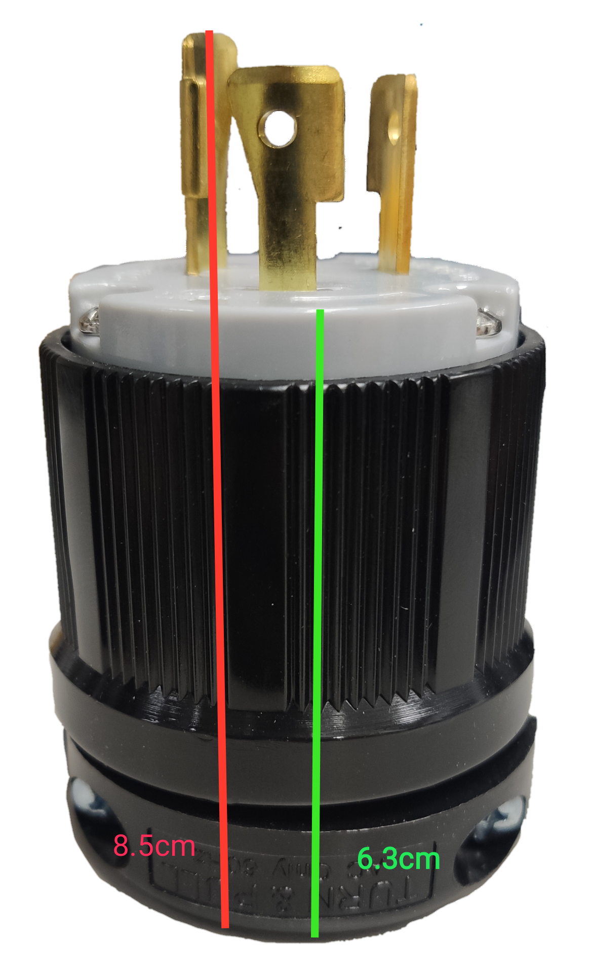 Grippes 20A twist lock plug and outlet with black ribbed housing and brass prongs