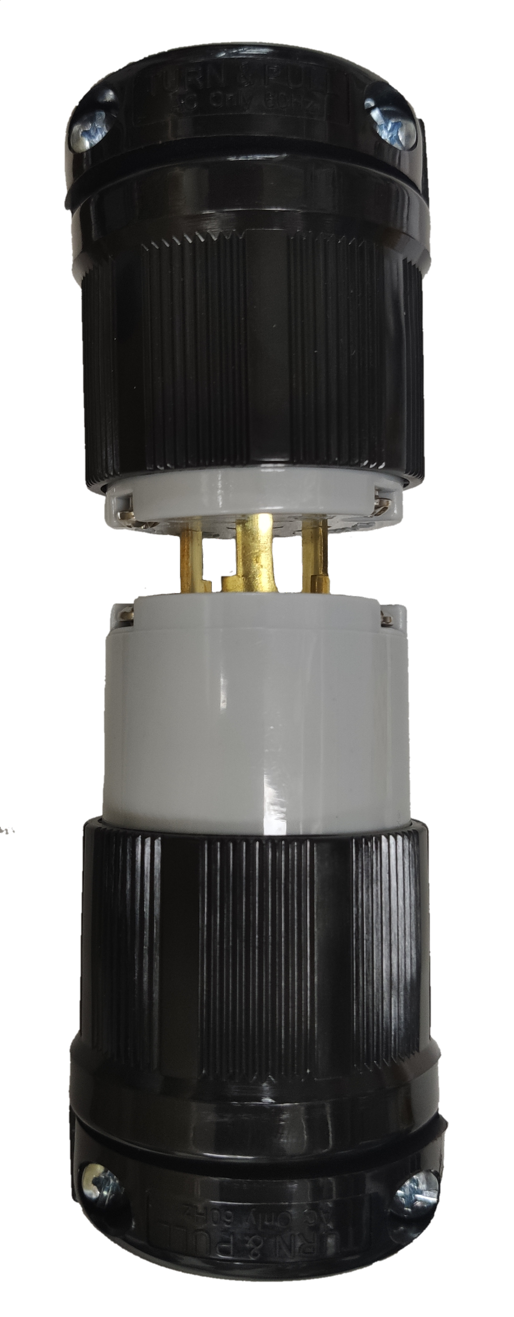 Grippes 20A twist lock plug and outlet with black and white durable housing for secure electrical connections