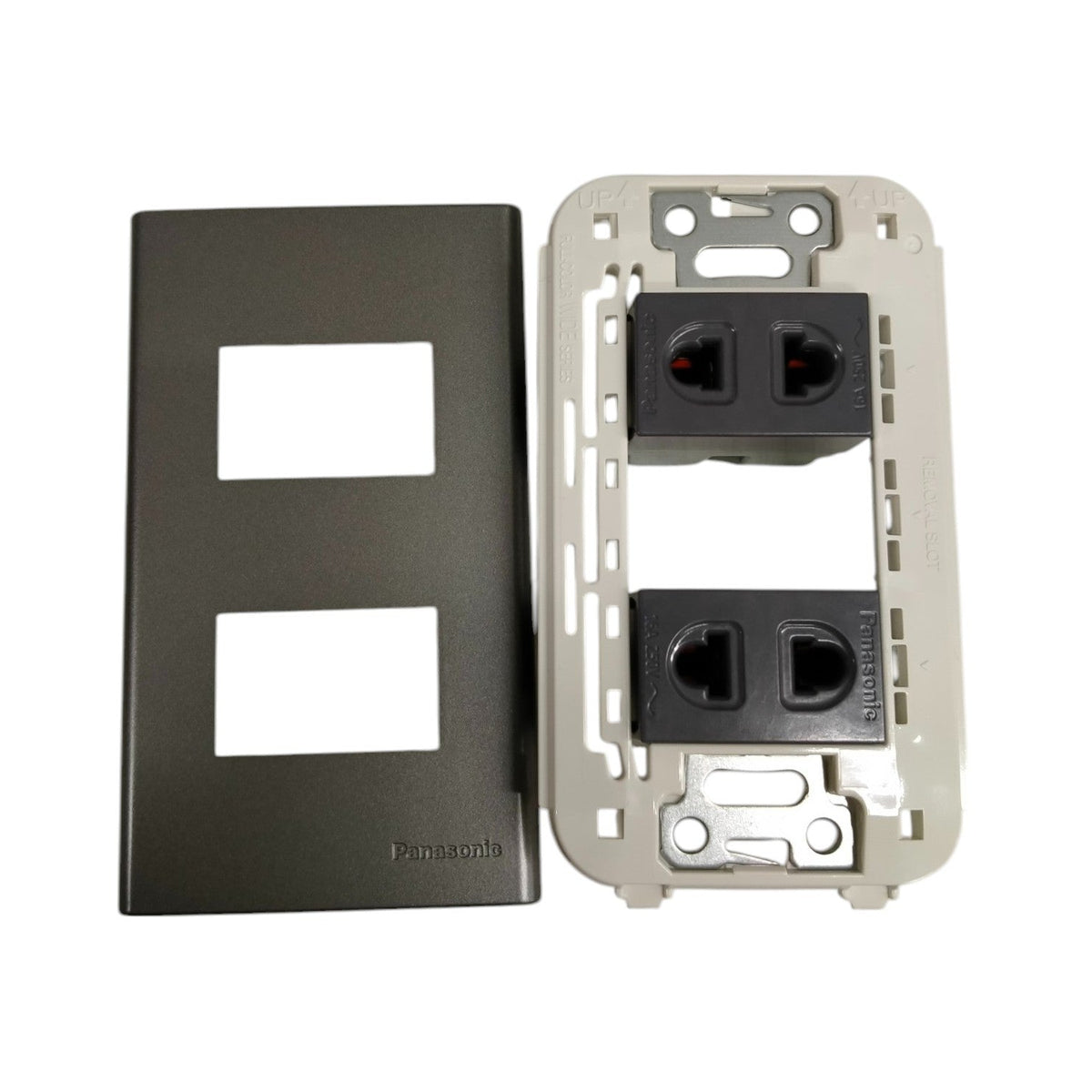 Panasonic 2 Gang Universal Convenience Outlet,2 Gang Universal Receptacle 16A 250V 16A 250V with Plate Cover Metallic Gray WEG6802MH-1/2XWEG10919H-5