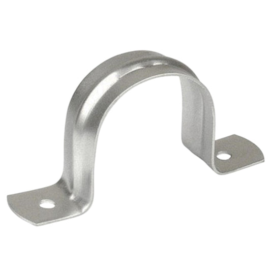 Metal 20mm two hole strap clamp designed for securing and organizing pipes and cables
