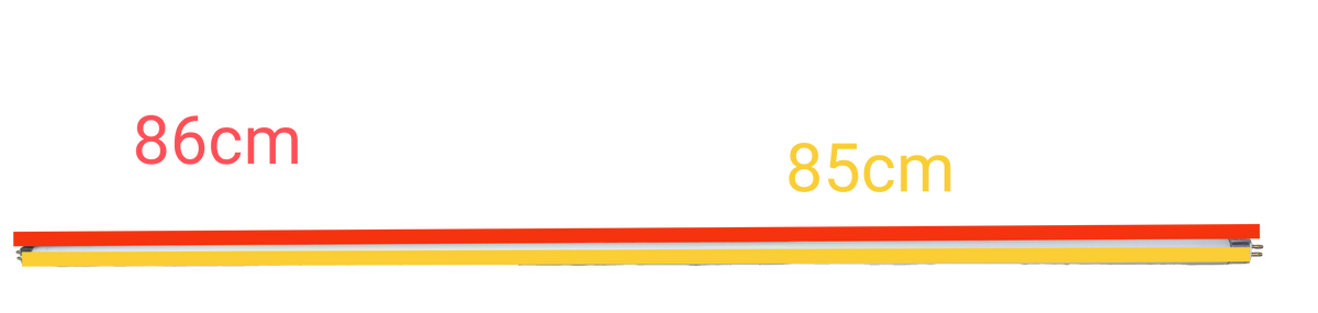 21W T5 fluorescent fixture set from Electx Electrical Supply showing length measurements of 85cm and 86cm