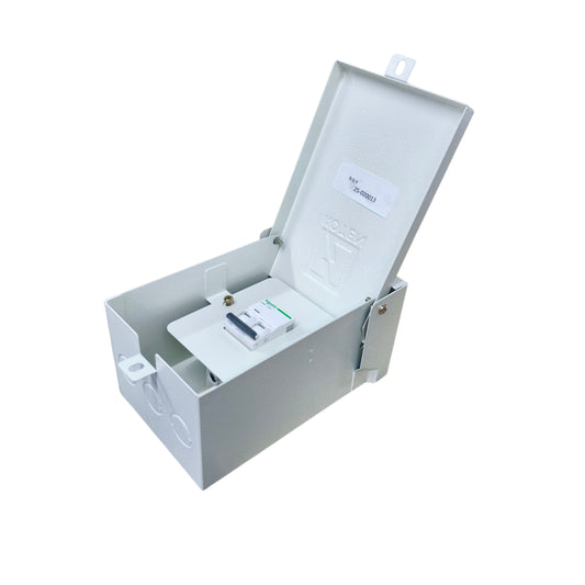 Schneider 220V NEMA 3R breaker with enclosure, designed for durable outdoor use and protection.