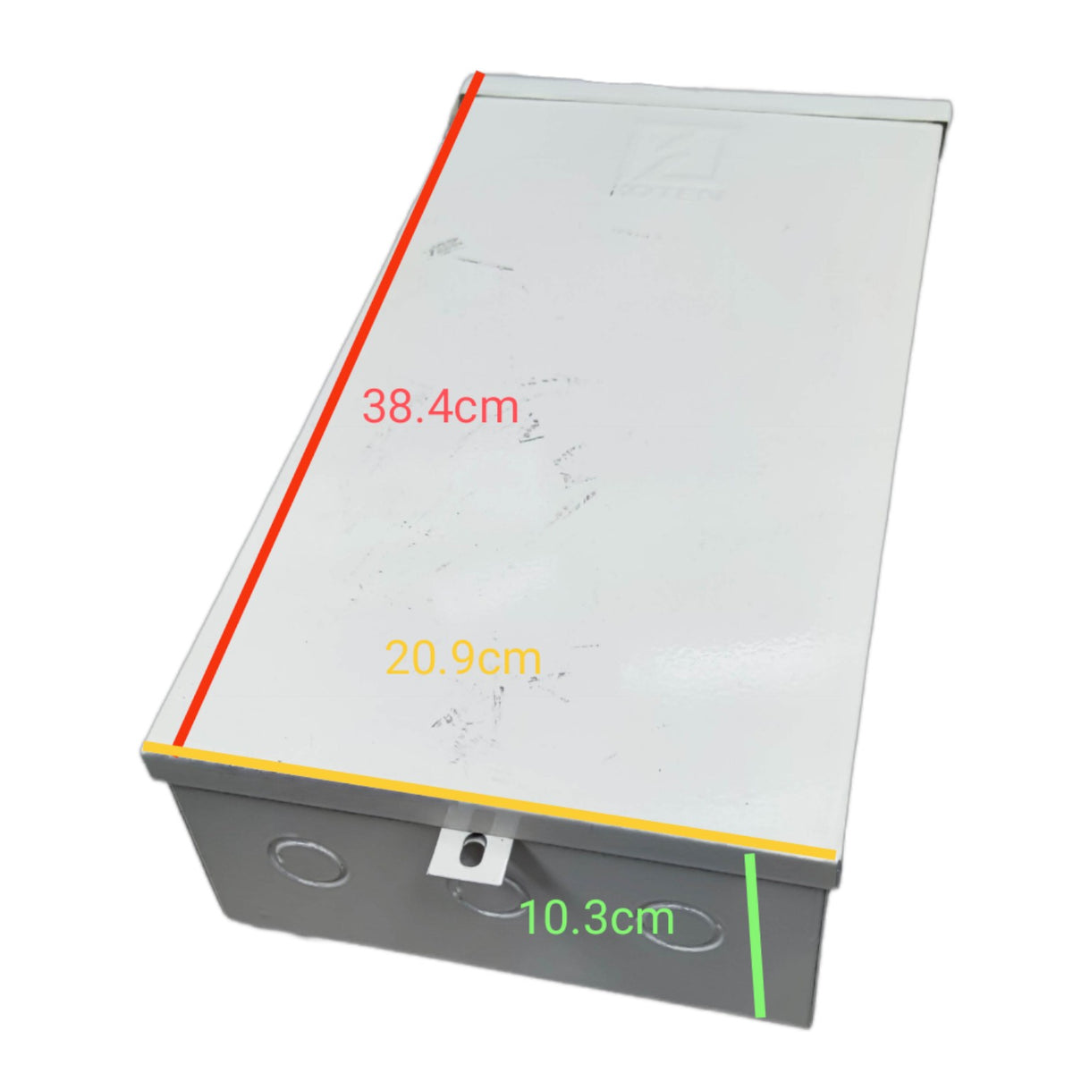 Koten 225A industrial outdoor circuit breaker in a durable metal enclosure with dimensions 38.4cm x 20.9cm x 10.3cm