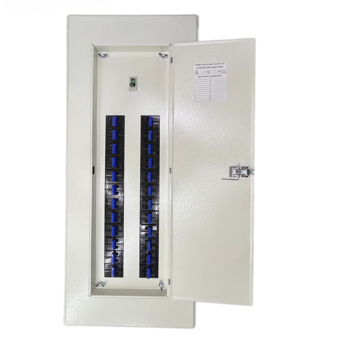 Koten 24 Branches 2Pole Bolt On panel board 225A in white with open door showcasing circuit switches