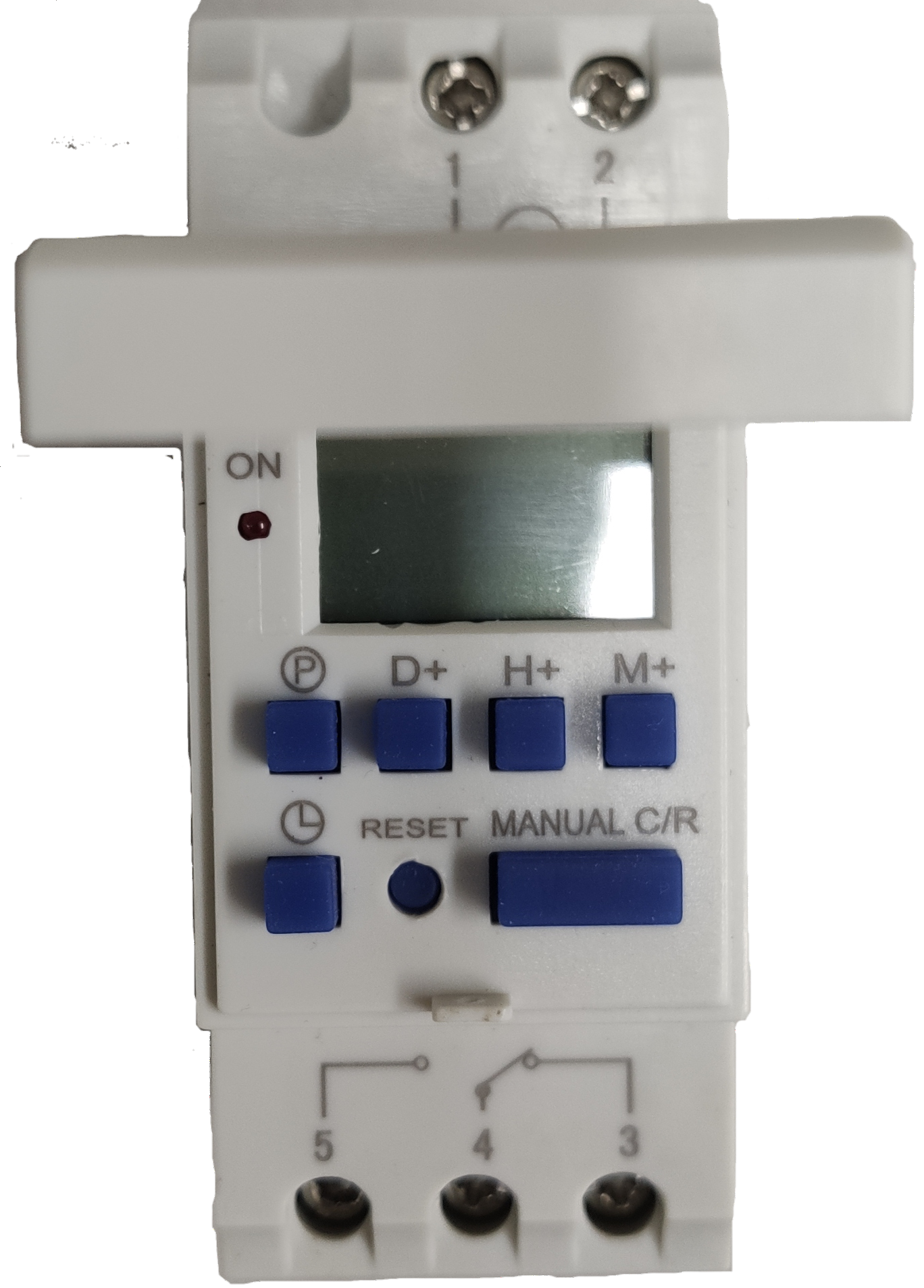 White 24 hour industrial timer switch with blue buttons and digital display for power control
