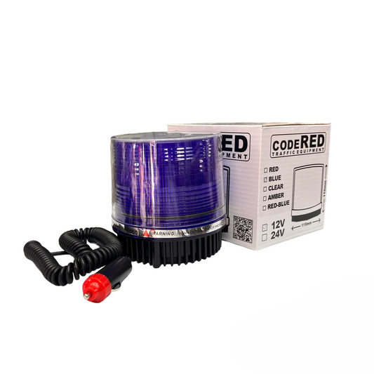 Code Red 24V blue strobe warning light with detachable power cord and box packaging