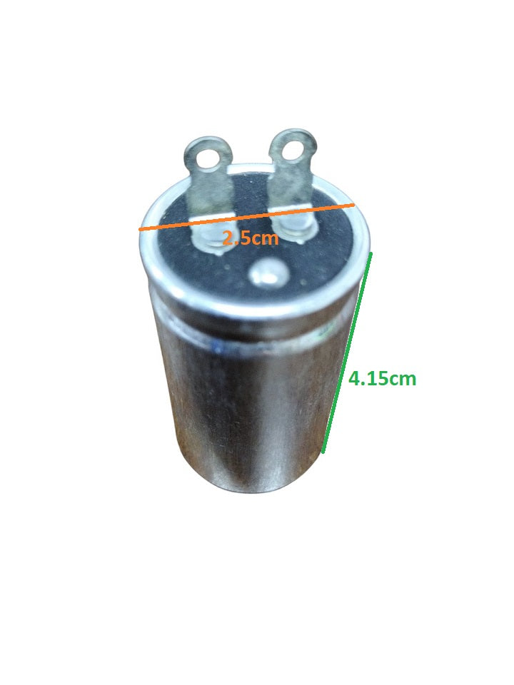 250V AC motor running capacitor with metal casing and two connection terminals for electrical projects