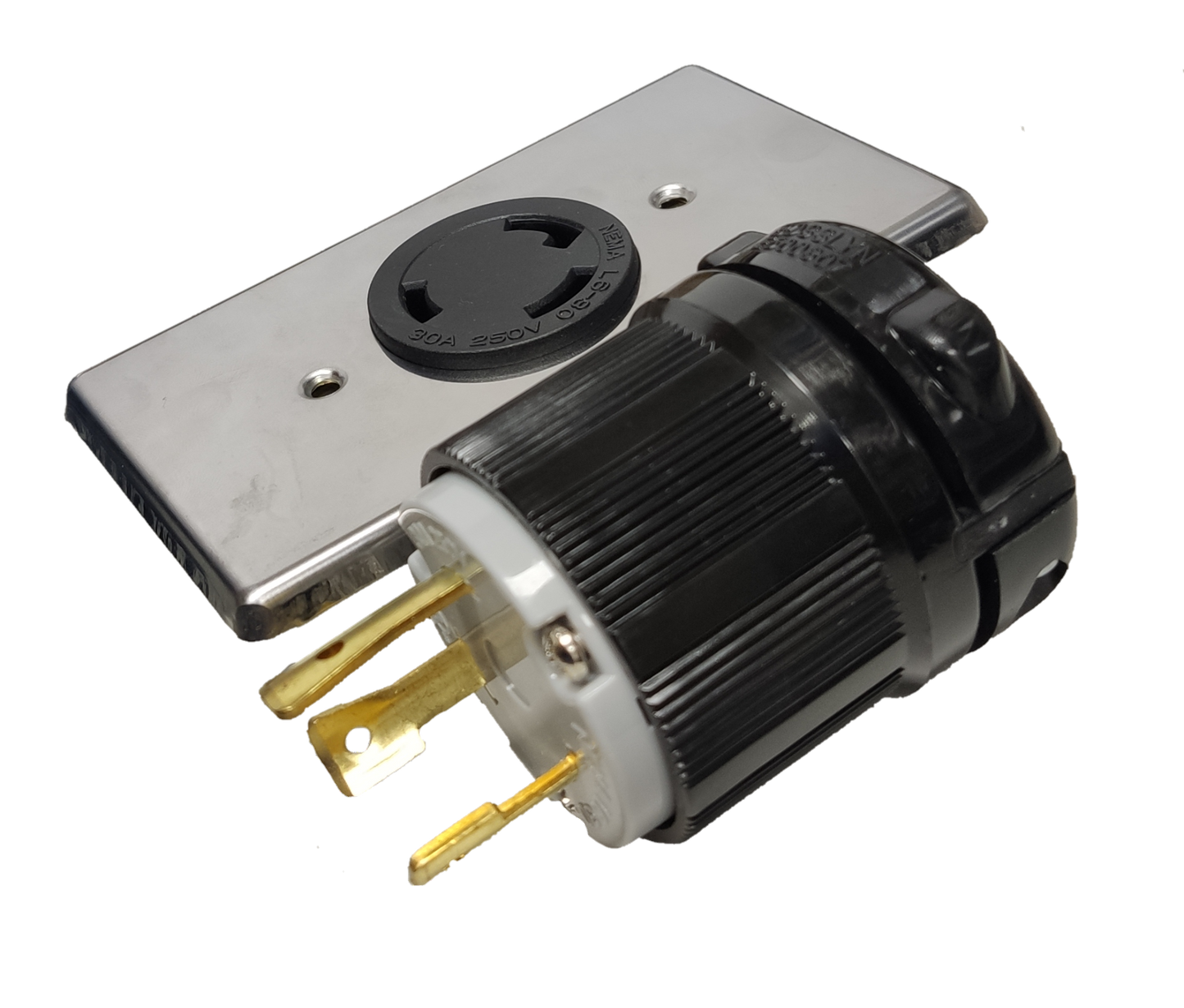 Grippes 30A Twist Lock Outlet with Plug and Stainless Plate 2P+E (3P) 250V (NEMA L6) WJ6331B and BL-630P and 9221