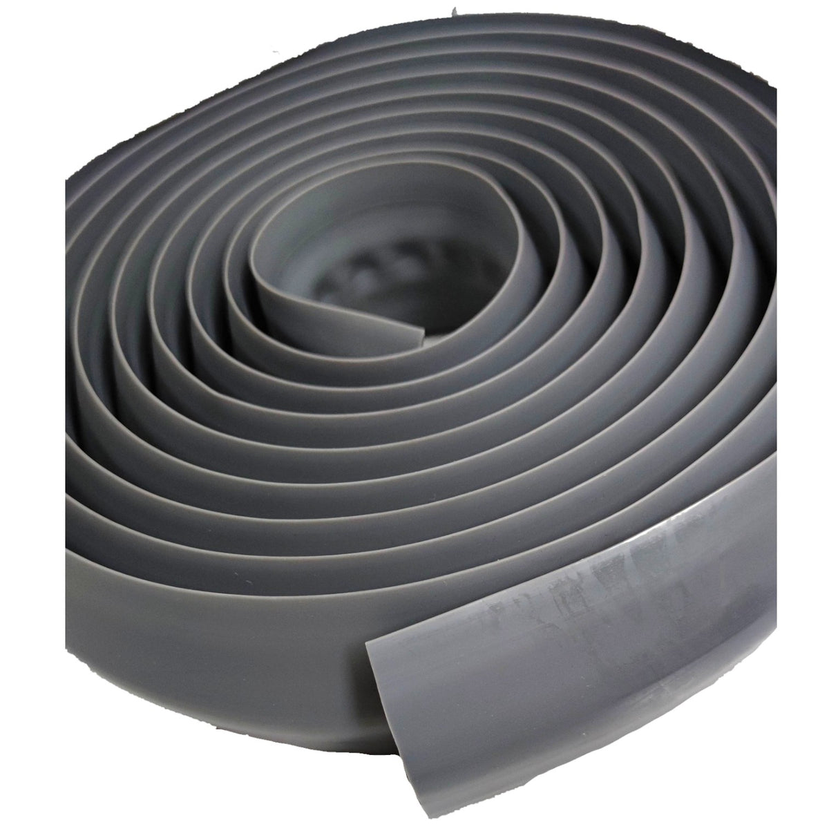 A roll of dark gray rubber or plastic trim strip, partially unrolled, shown against a plain white background.