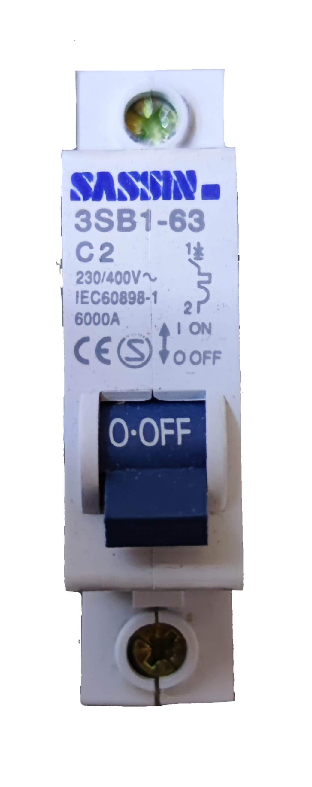 Sassin 2A Miniature Circuit Breaker 1 Pole 4.5 KAIC with ON OFF switch and white casing