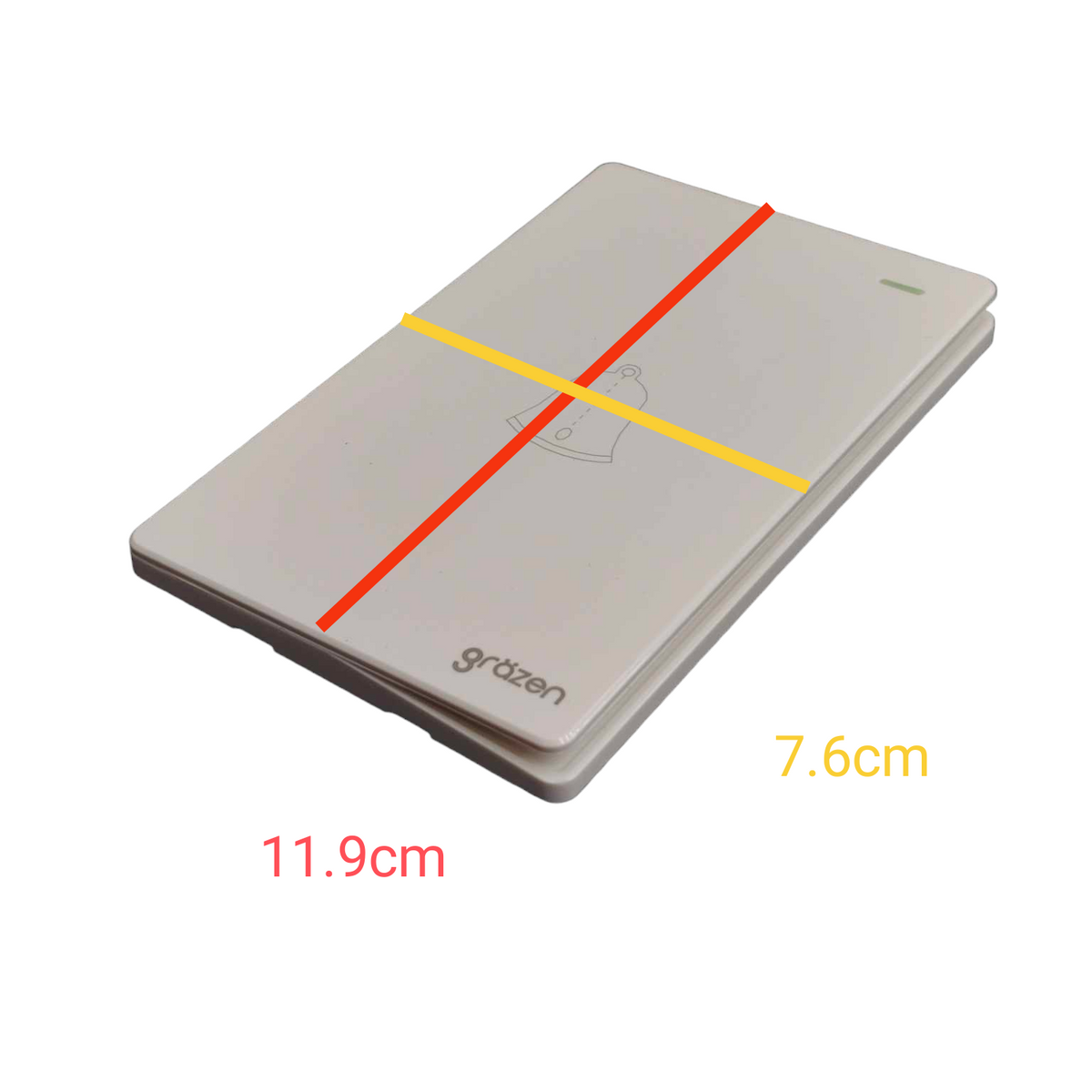 A slim rectangular electronic device shown at an angle on a white background, with red and yellow measurement lines and text labels indicating dimensions 11.9cm and 7.