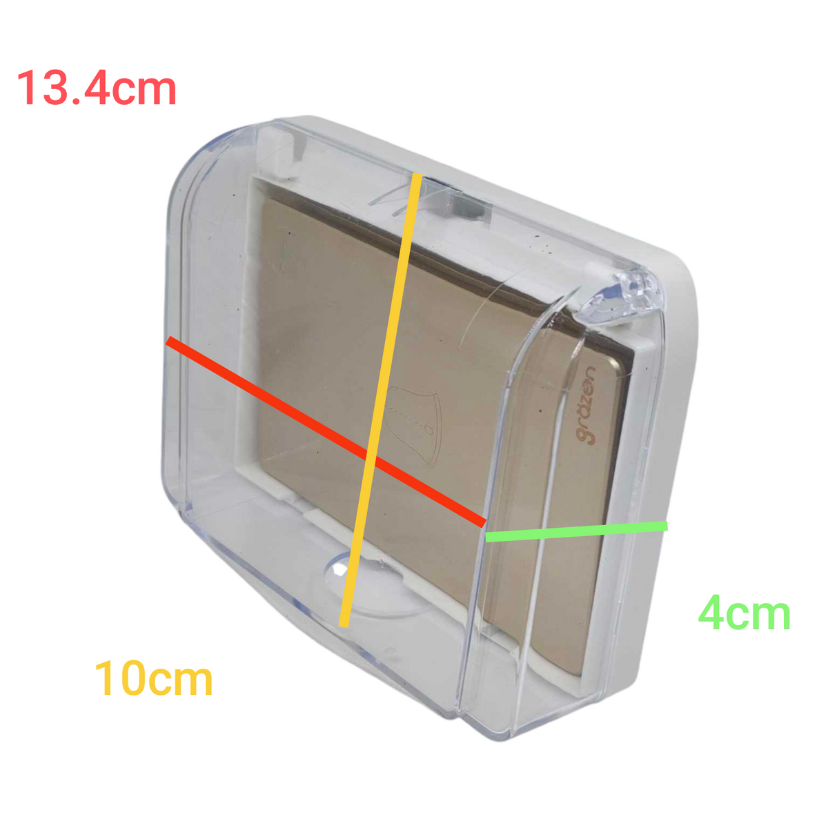 A clear plastic rectangular storage case containing a beige card, shown on a white background with red, yellow, green, and blue dimension lines and text labels indicating measurements 13.4cm, 10cm, 4cm, and 4cm.
