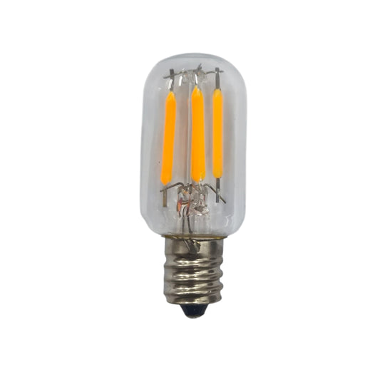 2W LED refrigerator bulb E12 with a clear glass design and warm yellow filaments for efficient lighting