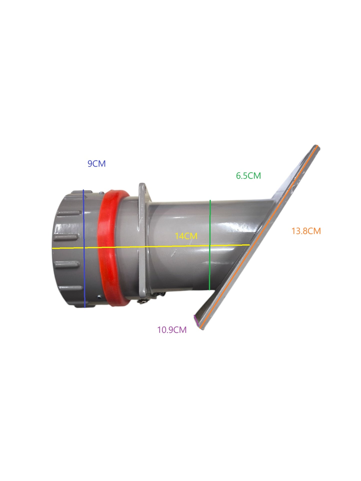 Grippes 300A 500V chassis type outlet with dimensions of 13.8cm length and 9cm diameter