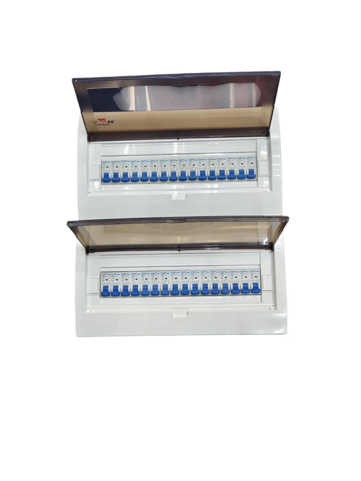 Chint 32 Ways Distribution Box Metal Base with dual rows of circuit breakers and protective covers