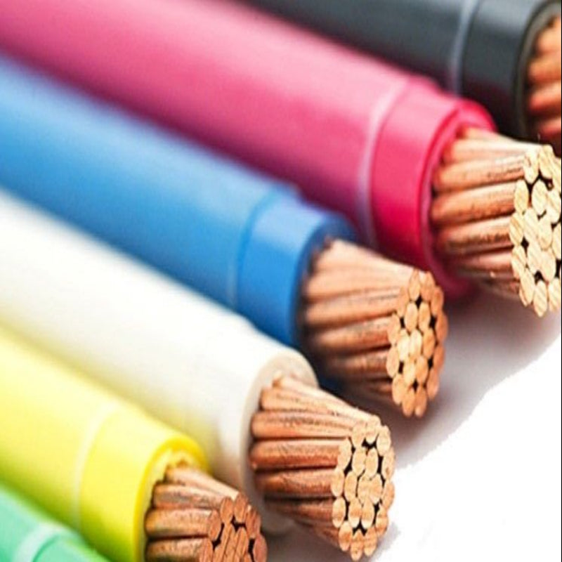 Close-up of multi-colored Phelps Dodge 325mm THHN wire per meter with copper strands exposed