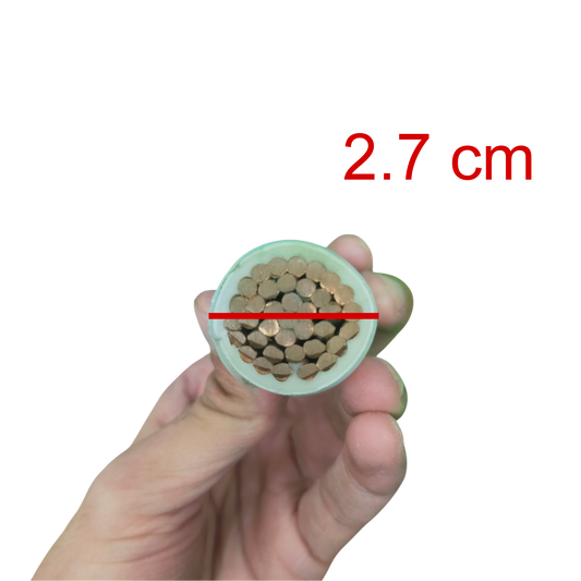 Hand holding a cable cross-section with a measurement of 2.7 cm on a white background